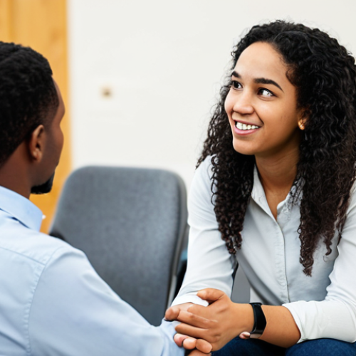 Home 8 A professional image of two diverse young adults, a woman and a man, engaged in a calm and respectful discussion at a modern, well-lit community center. They are seated, both wearing modest, professional-casual attire. The woman is actively listening, and the man is expressing himself clearly, with expressions showing mutual understanding and open communication. The background is clean and slightly blurred, suggesting a focus on their interaction. The scene emphasizes healthy relationship dynamics and consent. safe for work, appropriate content, fully clothed, professional, perfect anatomy, correct proportions, natural pose, well-formed hands, proper finger count, natural body proportions, high quality photography.