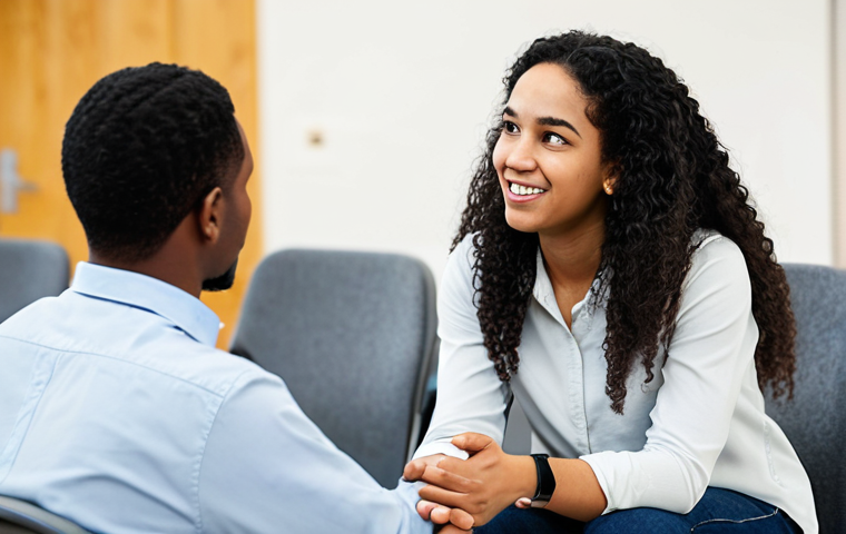 A professional image of two diverse young adults, a woman and a man, engaged in a calm and respectful discussion at a modern, well-lit community center. They are seated, both wearing modest, professional-casual attire. The woman is actively listening, and the man is expressing himself clearly, with expressions showing mutual understanding and open communication. The background is clean and slightly blurred, suggesting a focus on their interaction. The scene emphasizes healthy relationship dynamics and consent. safe for work, appropriate content, fully clothed, professional, perfect anatomy, correct proportions, natural pose, well-formed hands, proper finger count, natural body proportions, high quality photography.