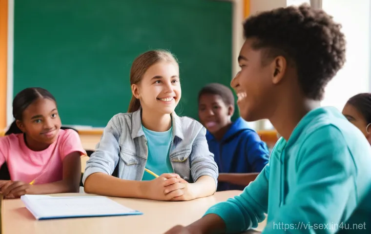 성교육과 성적 권리 보호 - **Prompt:** A diverse group of teenagers, approximately 14-16 years old, both male and female, sitti...