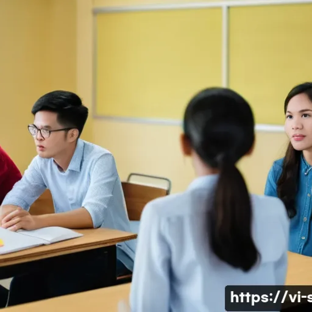 성교육과 성평등 - A diverse group of Vietnamese students and teachers in a modern classroom setting, engaging in a res...
