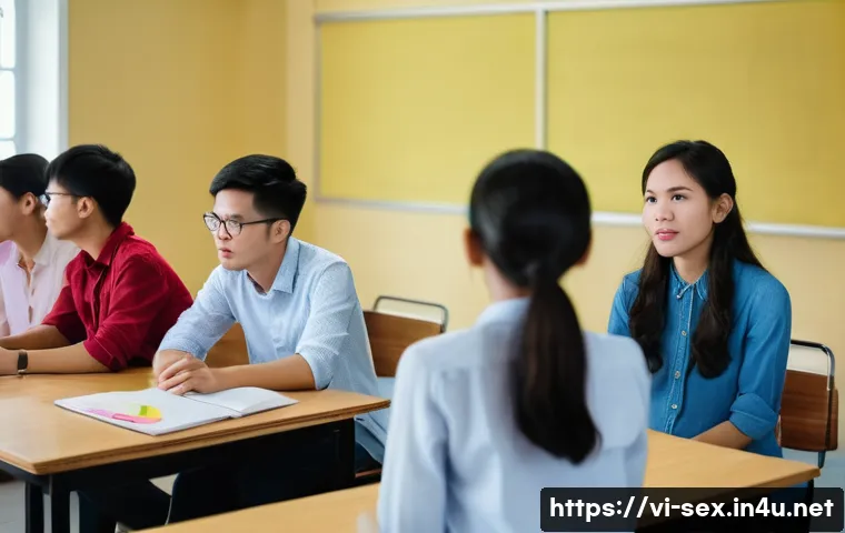 성교육과 성평등 - A diverse group of Vietnamese students and teachers in a modern classroom setting, engaging in a res...