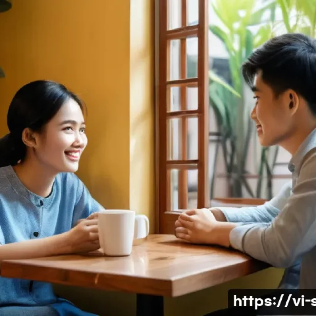 성교육과 성적 소통 기술 - A warm and respectful conversation scene between two Vietnamese young adults sitting in a quiet, coz...