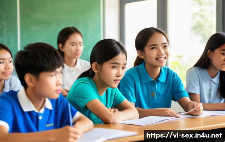 성교육과 청소년의 성행동 - A diverse group of Vietnamese teenagers in a bright, modern classroom setting, attentively participa...