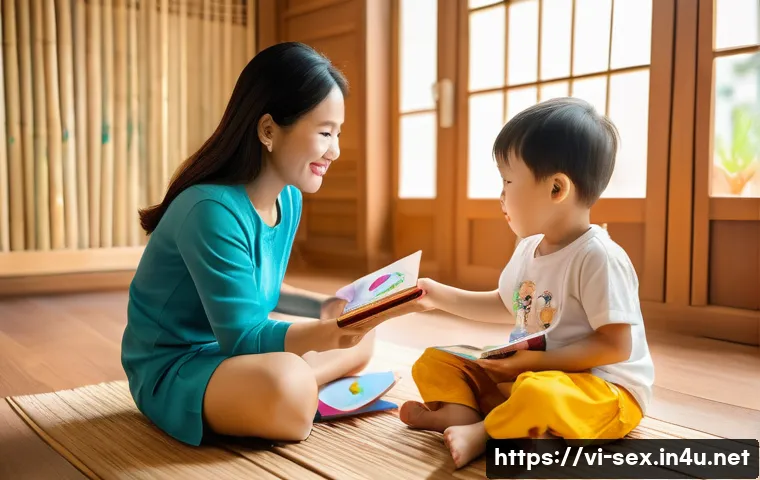 아동 성교육 방법 - A warm and inviting family living room scene in Vietnam, featuring a Vietnamese mother gently explai...