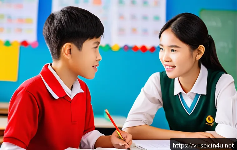 성교육과 종교적 관점 - A diverse group of Vietnamese teenagers in a bright, modern classroom setting, actively participatin...