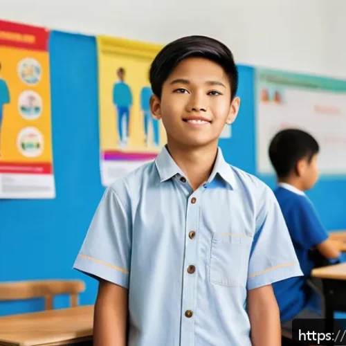 Home 30 성교육과 남성 인권 - A Vietnamese teenage boy in casual clothing, standing confidently in a bright, modern classroom sett...