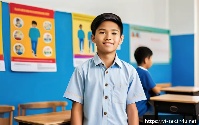 성교육과 남성 인권 - A Vietnamese teenage boy in casual clothing, standing confidently in a bright, modern classroom sett...