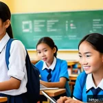 Home 23 성교육과 미래의 성교육 방향 - A modern classroom scene in Vietnam featuring diverse teenagers sitting with tablets and laptops, en...