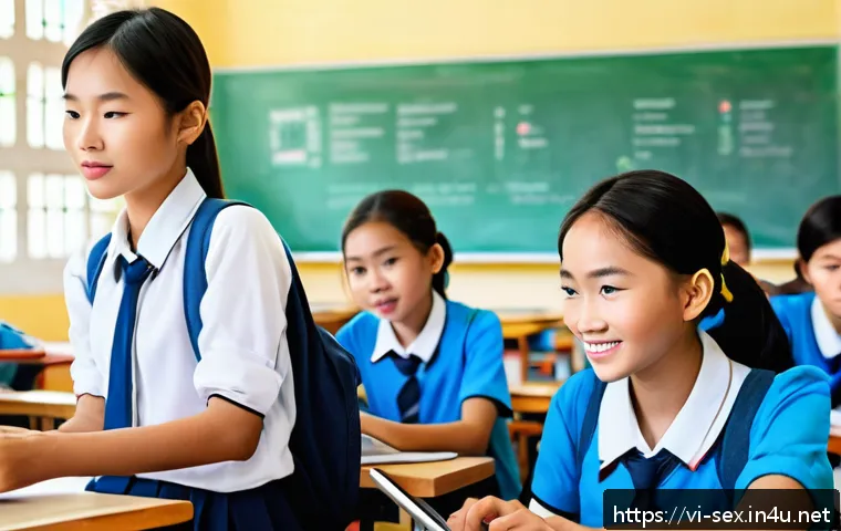 성교육과 미래의 성교육 방향 - A modern classroom scene in Vietnam featuring diverse teenagers sitting with tablets and laptops, en...