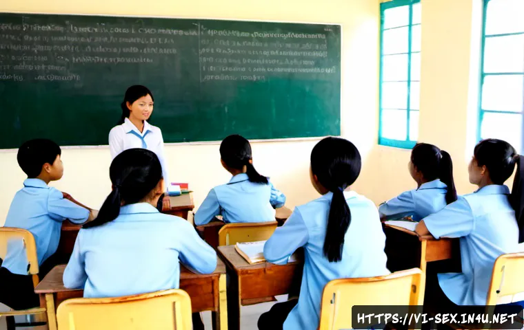 성교육과 성윤리 철학 - Photorealistic Vietnamese high school ethics classroom in Hanoi, a fully clothed female educator lea...