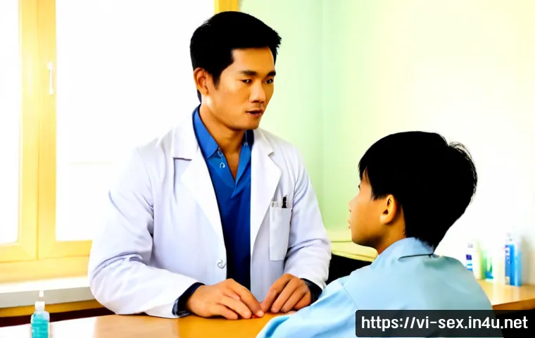 Home 17 성교육과 남성 건강 - Photorealistic Vietnamese male doctor in a modern Hanoi health clinic calmly consulting with a fully...