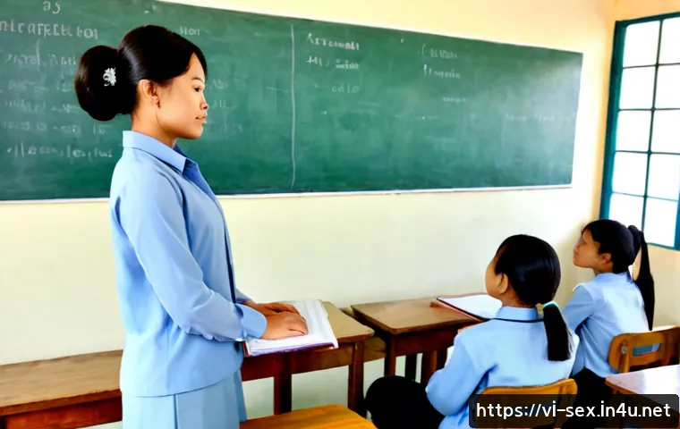 Home 30 성교육과 교육 정책 - Photorealistic Vietnamese middle school health education classroom, a calm female teacher in modest ...